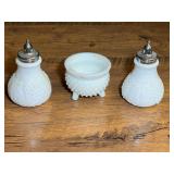 Vintage Imperial Glass milk glass salt and pepper shakers with embossed grape and leaf motif, also includes a hobnail footed milk glass mustard cup, believed to be Fenton. See pictures for details.