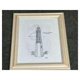Framed Lighthouse Pencil Drawing Signed J Roy