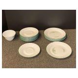 Corelle by Corning Green Ivy Swirl Dinnerware Set with Plates, Saucers, and Bowls, see pictures for details.
