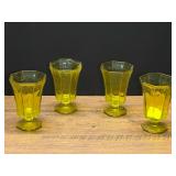 Set of Four Vaseline Glass Paneled Footed Tumblers