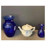Vintage Avon teapot, cobalt blue vase, and a vintage cobalt blue Oliveart miniature blown glass pitcher, this piece was made in the Holy Land. See pictures for details.