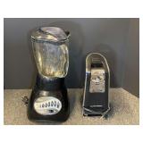 Oster 12-Speed Blender and Hamilton Beach Electric Can Opener Lot, these items power up, working condition unknown, see pictures for details.