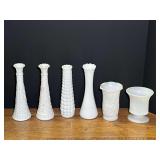 Collection of Six Milk Glass Vases and Vessels with Assorted Pressed Patterns