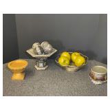 Home decor assortment to include pillar candle stands, plated fruit basket with faux fruit, and more. See pictures or details.