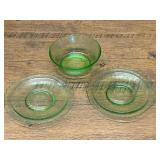 Green Pressed Glass Bowl and Two Plates Set with Floral Etched Pattern and UV Reactivity