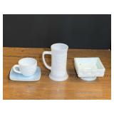 Vintage Fire-King Charm Azurite (or Delphite blue) square saucer made by Anchor Hocking in the 1950s, vintage Westmoreland pedestal candy dish, milk glass mug, and cup. Four pieces total, see pictures