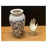 Blue and White Porcelain Vase with Bird and Floral Motif and Ceramic Hand Display