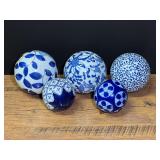 Set of Five Blue and White Ceramic Decorative Spheres