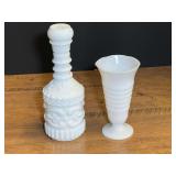 Vintage milk glass decanter with stopper, also includes a vintage pedestal milk glass vase. See pictures for details.