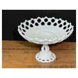 White milk glass pedestal compote or fruit bowl with classic "Doric" open lace or lacy edge pattern, believed to be vintage Westmoreland glass