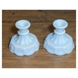 Opaque milk glass candlestick holders with embossed grape and leaf motif, set of two, believed to be vintage Westmoreland glass, see pictures for details.