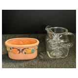 Clear square glass pitcher featuring the "Star of David" or starburst pattern, believed to be vintage Anchor Hocking, also includes a Claire Burke interior glazed terra-cotta planter, see pictures for