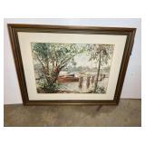 Vintage-style watercolor landscape print depicting boats moored along a quiet, tree-lined riverbank or harbor. See pictures for details.