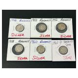 Lot of Six Roosevelt Silver Dimes (1946, 1952, 1956, 1958, 1960, 1962-D)