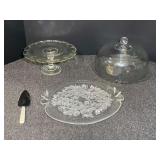 Glass platter with dome, pedestal glass cake stand, believed to be vintage Indiana glass, also includes a large platter, be believed to be Mikasa Crystal BIANCA Cake/Canapy Plate Platter. See pictures