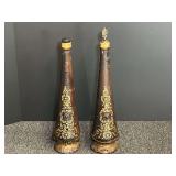 Vintage leather-wrapped glass decanters, set of two, see pictures for details.