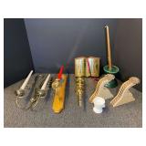 Home decor assortment to include a vintage candlestick pedestal, candlestick sconces, drapery tiebacks, and more. See pictures for details.