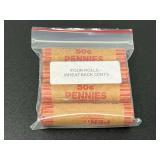 Four Rolls of Wheat Back Cents 50 Cent Pennies