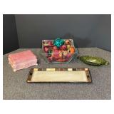 Assorted home decor to include a ceramic lidded trinket box, rectangular serving platter, oval double handled relish dish, believed to be vintage Indiana Glass, and more. See pictures for details.