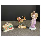 Lot of Three Holiday Figurines Including Reindeer Lodge, Flying Santa Sleigh, and Angel