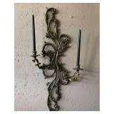VINTAGE EXTRA LARGE SOLID BRASS HEAVY ORNATE WALL SCONCE/2 CANDLE HOLDER BAROQUE ROCOCO STYLE 35" LONG X 17" WIDE