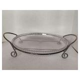 VINTAGE MIKASA CLEAR GLASS SERVING PLATTER SEATED IN A SILVER PLATE METAL STAND "DIAMOND FIRE" 13 1/2" ROUND