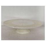 VINTAGE ANCHOR HOCKING WHITE/IVORY MILK GLASS FOOTED PEDESTAL CAKE STAND W/ 22KT GOLD FLEUR-DE LIS & STARBURST PATTERN 10" ROUND