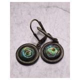 PAIR STERLING SILVER 925 PIERCED EARRINGS W/ ABALONE ROUND CENTER STONE (TOTAL WEIGHT 3.44 GRAMS)
