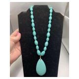 CHUNKY BLUE HOWLITE TURQUOISE BEADED NECKLACE W/ TEARDROP PENDANT 21" LONG