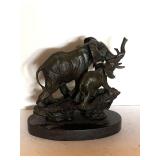 VINTAGE VERY HEAVY ELEPHANT JUNGLE AFRICAN FENG SHUI ART BRONZE SCULPTURE W/ BLACK MARBLE BASE 10" TALL X 12" WIDE - APPROX 15 LBS SIGNED BY ARTIST BARGE