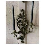 VINTAGE SOLID BRASS HEAVY ORNATE WALL SCONCE/2 CANDLE HOLDER BAROQUE ROCOCO STYLE 18" LONG X 13" WIDE
