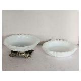 VINTAGE ANCHOR HOCKING WHITE MILK GLASS THUMBPRINT/SCALLOPED ASHTRAY/SOAP DISH & WHITE MILK GLASS SOAP DISH W/ DECORATIVE METAL FOOTED BASE 5 1/2" ROUND