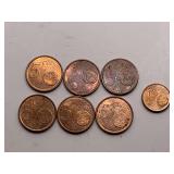 SIX SPANISH 5 EURO CENT COINS (2005, 2004) FROM THE EUROPEAN UNION (COPPER PLATED STEEL) FEATURING THE CATHEDRAL OF SANTIAGO DE COMPOSTELA & 2004 GERMAN 1 EURO CENT COIN FROM THE EUROPEAN UNION (COPPE