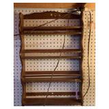 SMALL WOODEN 4 TIER HANGING SHELF 17" WIDE X 27" TALL X 3 1/4" DEEP (BRING SCREWDRIVER TO REMOVE FROM WALL)