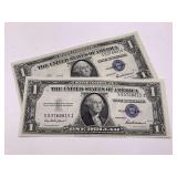 2 ONE DOLLAR 1935S BLUE SEAL SILVER CERTIFICATES WITH CONSECUTIVE SERIAL NUMBERS (CRISP & IN GREAT CONDITION)