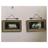 SET OF 2 VINTAGE 3D STYLE WALL ART OF MYTHOLOGICAL BOTTLE SCENE IN ORNATE GOLD TONE GREEK KEY PATTERN FRAME 15 X 9