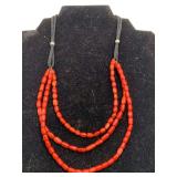 RED CORAL 3 STRAND NECKLACE ON BLACK ROPE WITH STERLING 925 CLASP 16" LONG