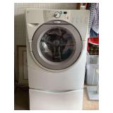 WHITE WHIRLPOOL DUET FRONT LOAD WASHING MACHINE W/ BASE 21" WIDE X 27" DEEP X 50" TALL (ON BASE) (OWNER SAYS WORKS)