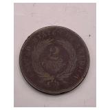 RARE US 2 CENT PIECE MINTED 1865 DURING THE AMERICAN CIVIL WAR - SIGNIFICANT FOR BEING THE FIRST EVER US COIN TO FEATURE THE MOTTO "IN GOD WE TRUST"