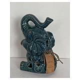 CERAMIC DARK BLUE/GREEN POTTERY ELEPHANT THAT HOLDS SCENTED SACHET OR TEA LIGHT 7" TALL X 4 1/2" WIDE