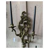 VINTAGE SOLID BRASS HEAVY ORNATE WALL SCONCE/2 CANDLE HOLDER BAROQUE ROCOCO STYLE 18" LONG X 13" WIDE