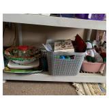 SHELF LOT OF CHRISTMAS TO INCLUDE HARD PLASTIC SERVING TRAYS, BRASS ORNAMENTS, VINTAGE SCENTED ORNAMENTS & MORE (GREY CRATE NOT INCLUDED)