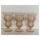 3 VINTAGE PINK DEPRESSION GLASS 7" TALL FOOTED SODA FOUNTAIN TUMBLERS W/ BANDED DESIGN BELIEVED TO BE ANCHOR HOCKING PINK MANHATTAN (ONE HAS SMALL CHIP ON RIM)