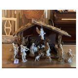 VINTAGE 12 PIECE NATIVITY SET W/ STABLE (STABLE 16" WIDE X 11" TALL X 6" DEEP)