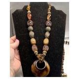 2 BROWN MIX WOOD, AGATE CHIPS, FAUX BEADS & MORE NECKLACES 20" LONG EACH
