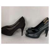 LADIES SIZE 6 BLACK LEATHER SPIKED HEELS (GENTLY WORN) & LADIES SIZE 6 1/2 BLACK SUEDE HIGH HEELS (GENTLY WORN)