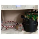 SHELF LOT OF CHRISTMAS TO INCLUDE ACRYLIC SANTA CAKE STAND, CONTAINER FULL OF NEW GOLD BOWS & MORE