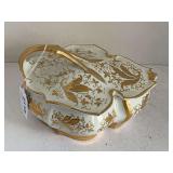 VINTAGE LENWILE-ARDALT CHINA HAND PAINTED PORCELAIN WHITE/GOLD COVERED LEAF BOX 7 1/2" LONG X 5 1/2" TALL (CHIP ON RIM SEE PICS)