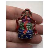 VINTAGE ENAMELED CRYSTAL ACCENTED BELL TRINKET BOX W/ RED RIBBON BOW TOPPER BROOCH 1 3/4" LONG