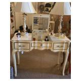 VINTAGE WHITE/CREAM PROVINCIAL VANITY W/ 2 DRAWERS & BEVELED GLASS MAKEUP MIRROR 39" WIDE X 16" DEEP X 28 1/2" TALL (VANITY ONLY - CONTENTS NOT INCLUDED)